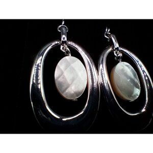Oval Drop Earrings Faux Mother Pearl Moonstone Accents Silver-Tone 2 inch Dangle